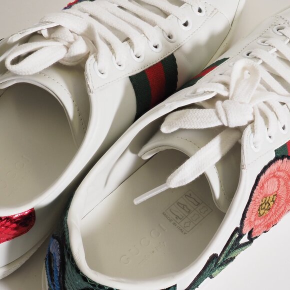 Gucci White Floral Embroidered Leather Ace Sneakers - Pre-Owned (Size 5.5) - Picture 9 of 11